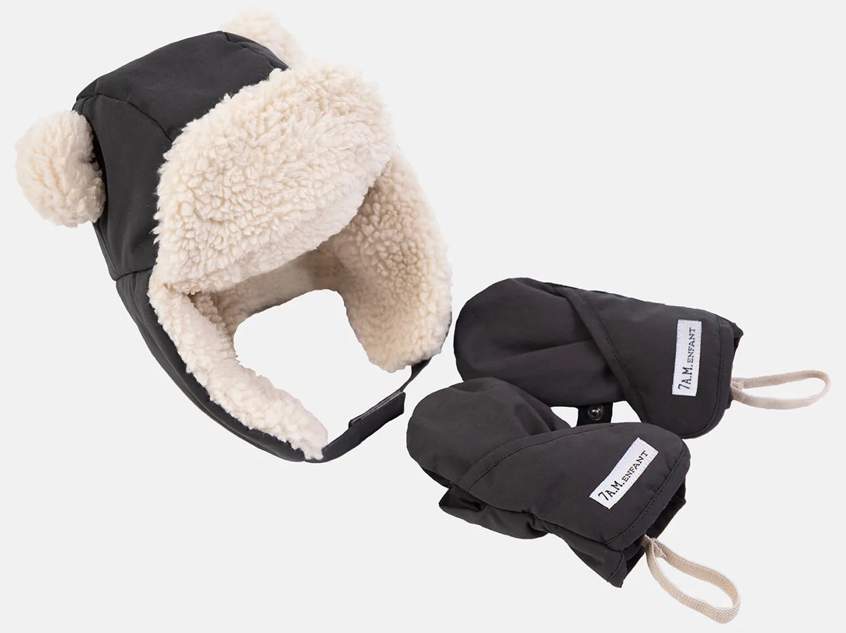 7 A.M. Enfant The Cub Mitten & Hat Set - Benji - Smokey (6-12M)