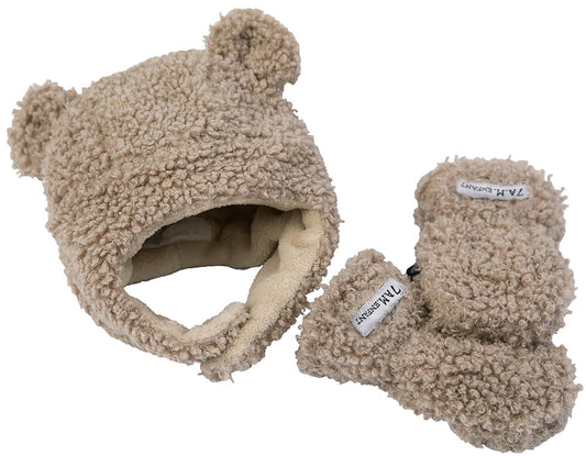 7 A.M. Enfant The Cub Mitten & Hat Set - Teddy - Oatmeal Teddy (0-6m)