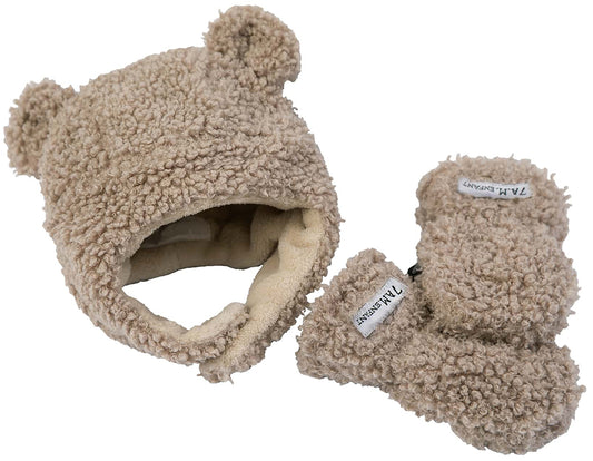 7 A.M. Enfant The Cub Mitten & Hat Set - Teddy - Oatmeal Teddy (12-24m)