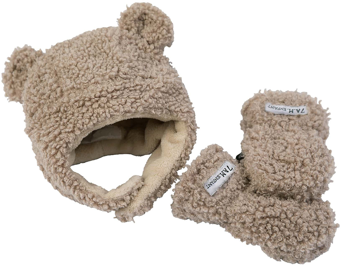 7 A.M. Enfant The Cub Mitten & Hat Set - Teddy - Oatmeal Teddy (6-12m)