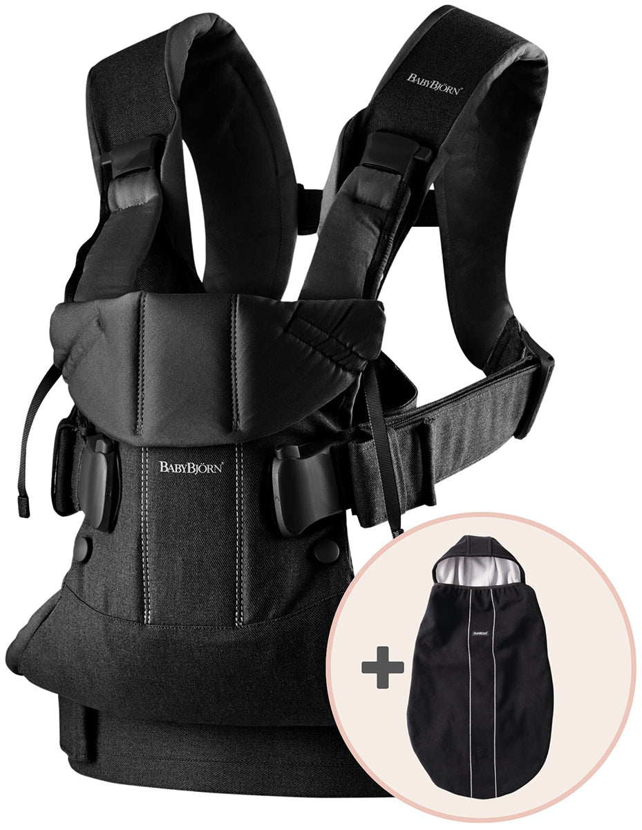 BabyBjorn Baby Carrier One, Cotton Mix + Cover Bundle - Black / Black