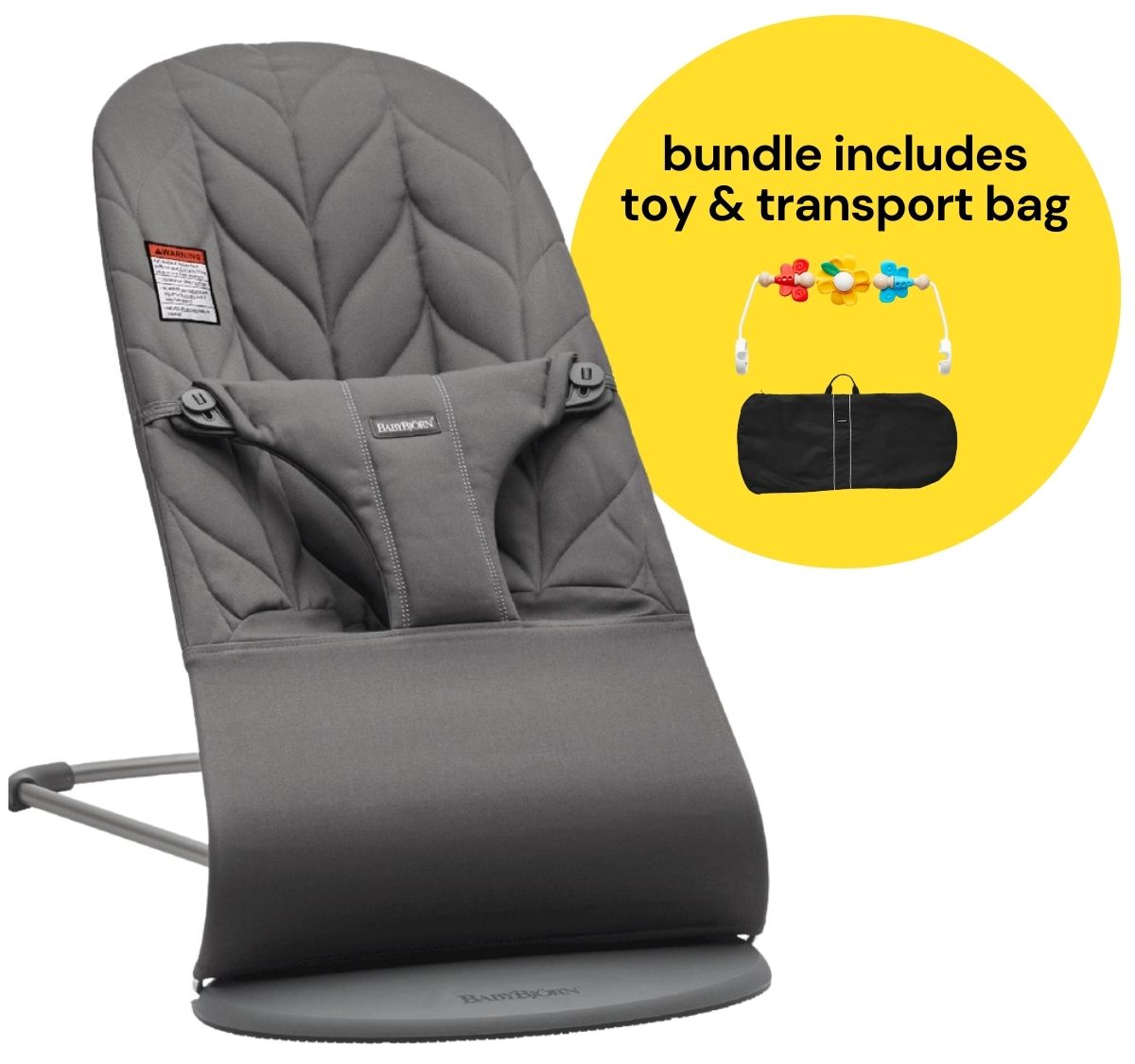 BabyBjorn Bouncer + Flying Friends Toy Bar + Transport Bag Bundle - Bliss, Petal Quilt Cotton Anthracite