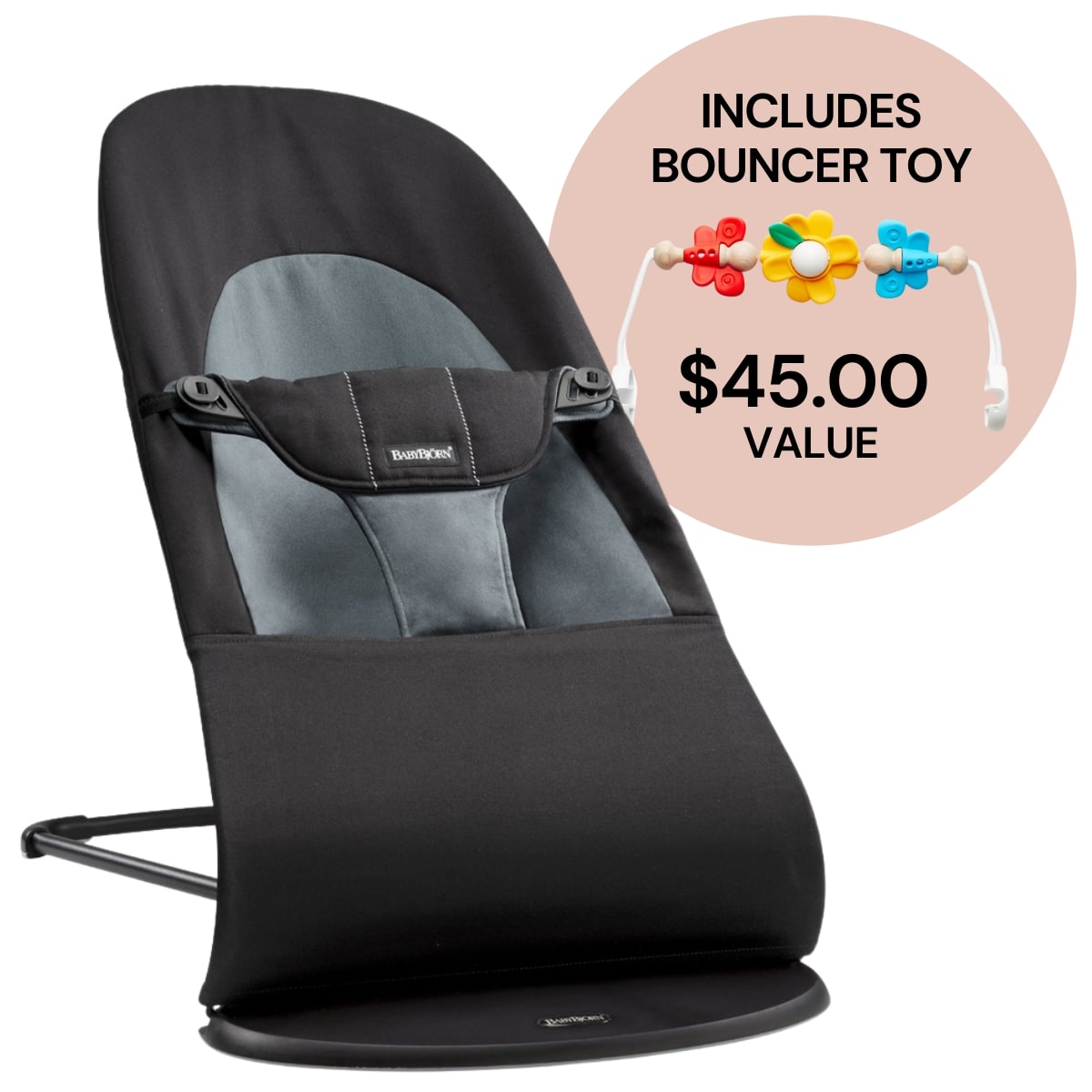 BabyBjorn Bouncer + Toy Bundle - Balance Soft (Cotton) Black / Dark Gray / Flying Friends