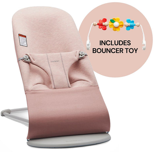 BabyBjorn Bouncer + Toy Bundle - Bliss (3D Jersey) Light Gray / Light Pink / Flying Friends