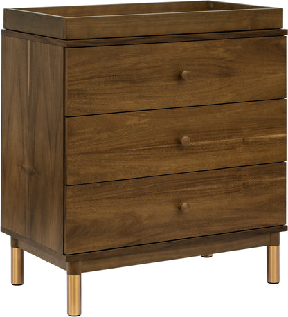 Babyletto Gelato 3-Drawer Changer Dresser + Removable Changing Tray - Natural Walnut & Gold Feet