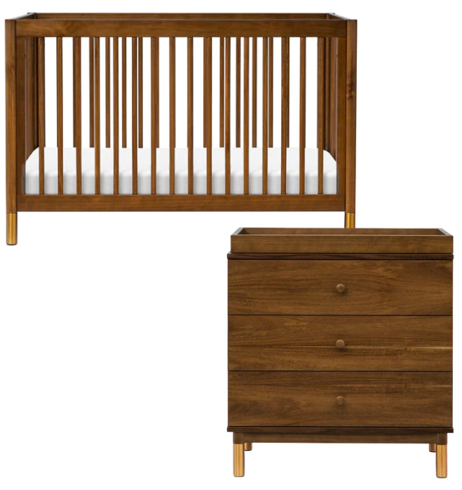 Babyletto Gelato 4-in-1 Convertible Crib + 3-Drawer Changer Dresser Bundle - Natural Walnut & Gold Feet