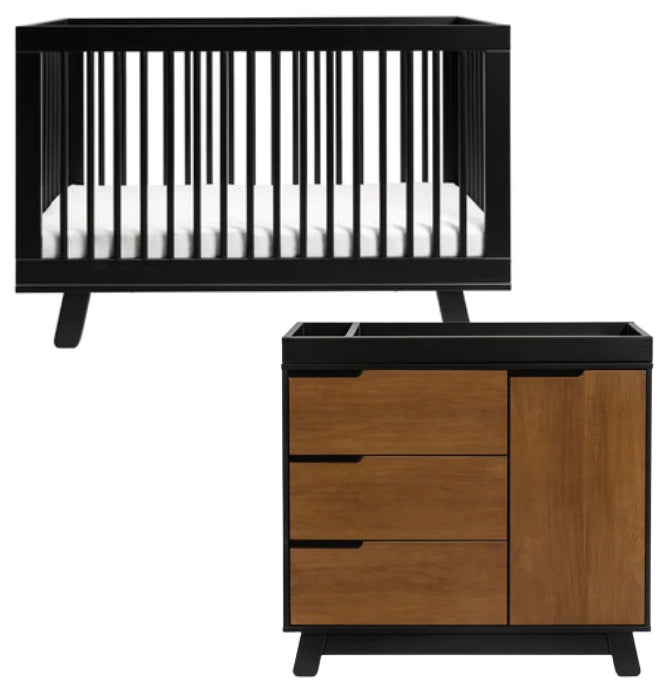 Babyletto Hudson 3-in-1 Convertible Crib + 3-Drawer Changer Dresser Bundle - Black / Black / Natural Walnut