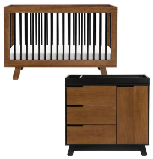 Babyletto Hudson 3-in-1 Convertible Crib + 3-Drawer Changer Dresser Bundle - Natural Walnut / Black