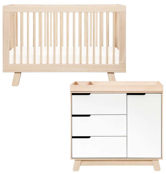 Babyletto Hudson 3-in-1 Convertible Crib + 3-Drawer Changer Dresser Bundle - Washed Natural / Washed Natural / White