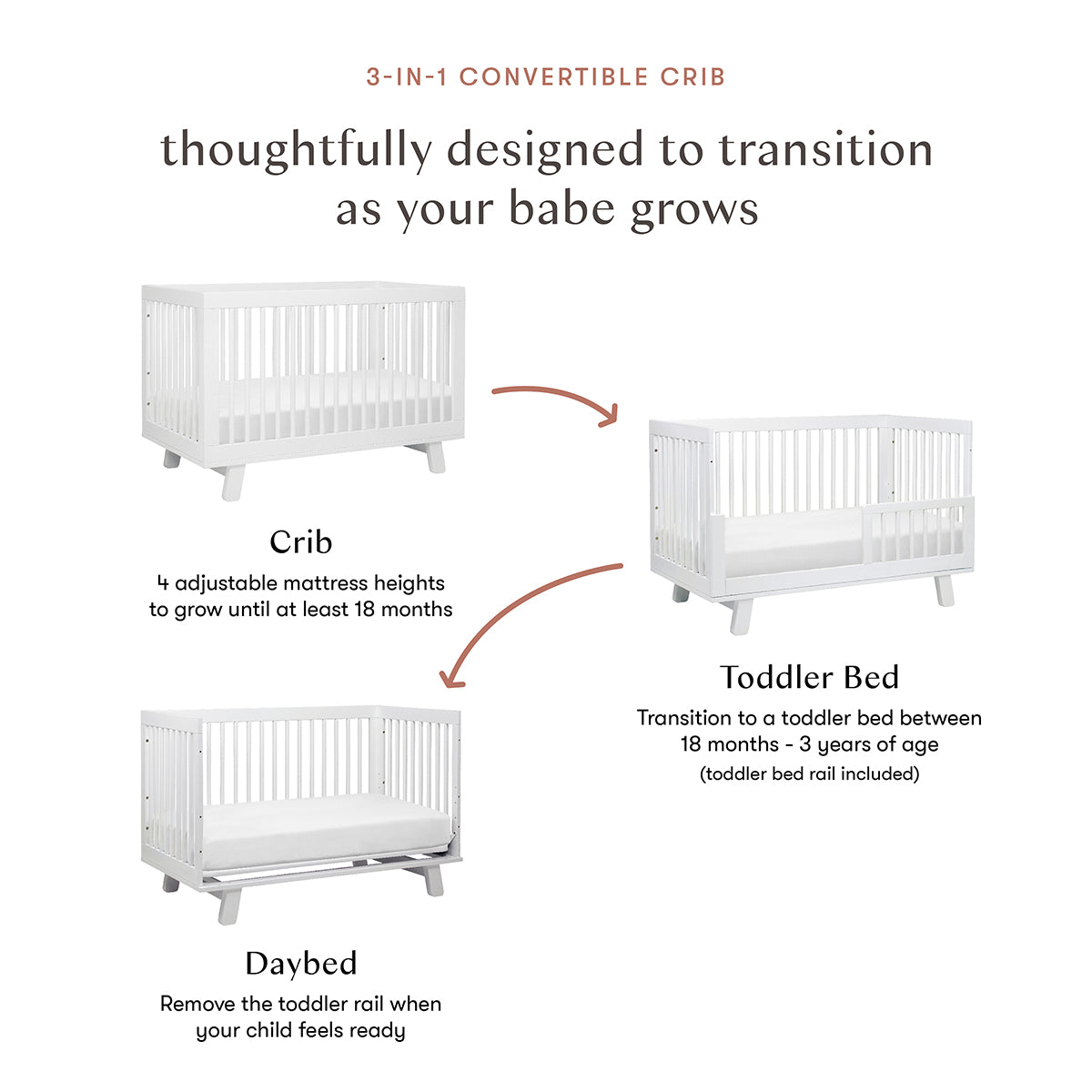 Babyletto Hudson 3-in-1 Convertible Crib with Toddler Bed Conversion Kit - White Finish