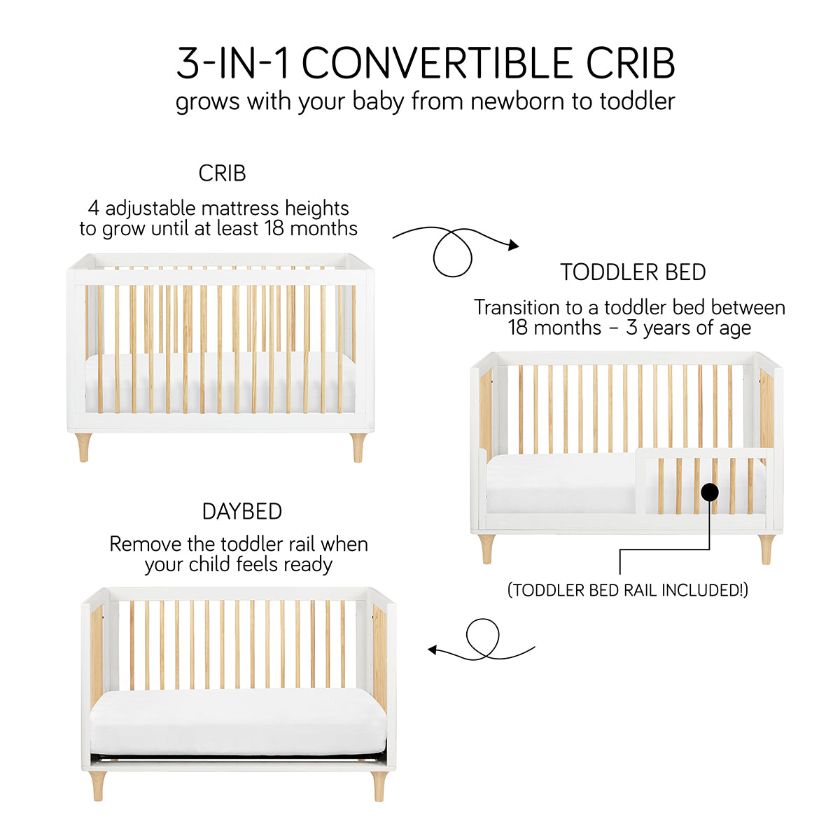 Babyletto Lolly 3-In-1 Convertible Crib with Toddler Bed Conversion Kit - White/Natural