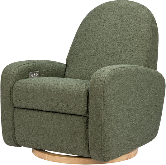 Babyletto Nami Electronic Swivel Glider Recliner w/ USB - Olive Boucle w/ Light Wood Base