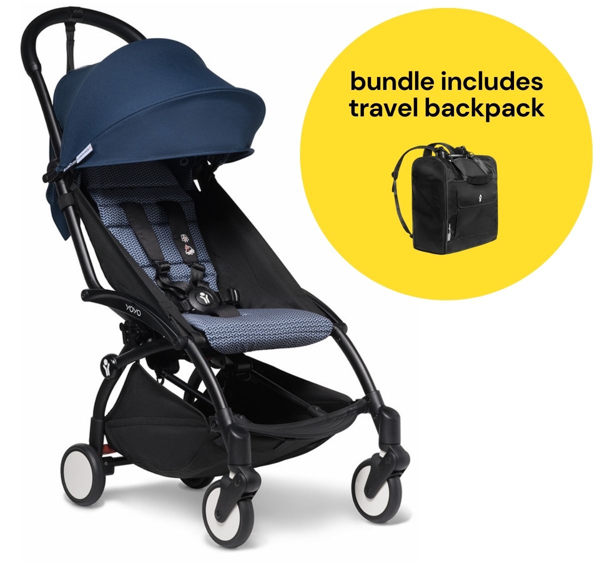 Babyzen YOYO2 Ultra Compact 6+ Stroller + Travel Backpack Bundle - Black / Air France Blue