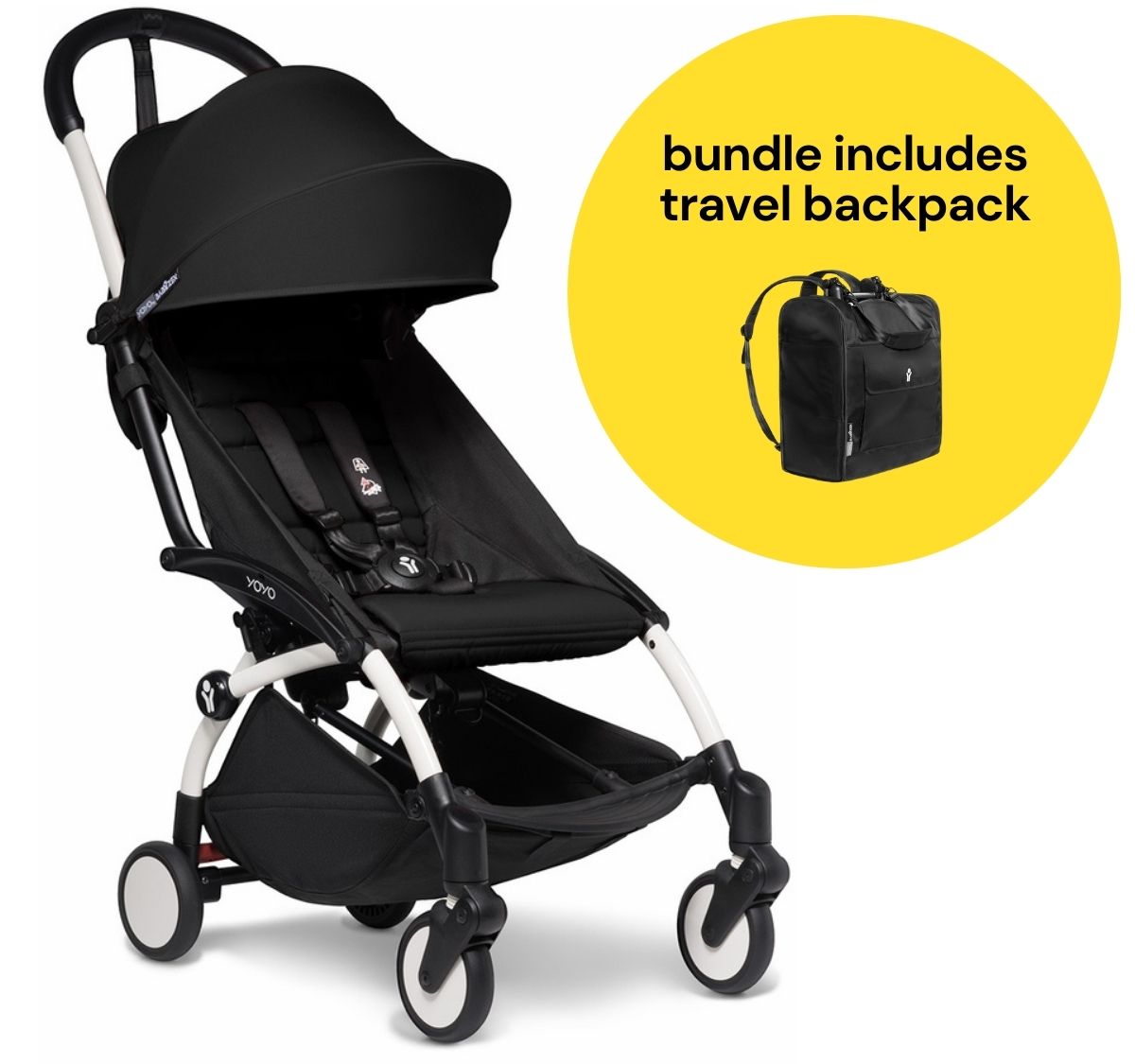 Babyzen YOYO2 Ultra Compact 6+ Stroller + Travel Backpack Bundle - White / Black