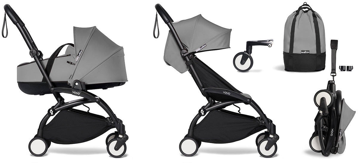 Babyzen YOYO2 Ultra Compact Complete 6+ Stroller with Bassinet & Rolling Bag Bundle - Black/Grey