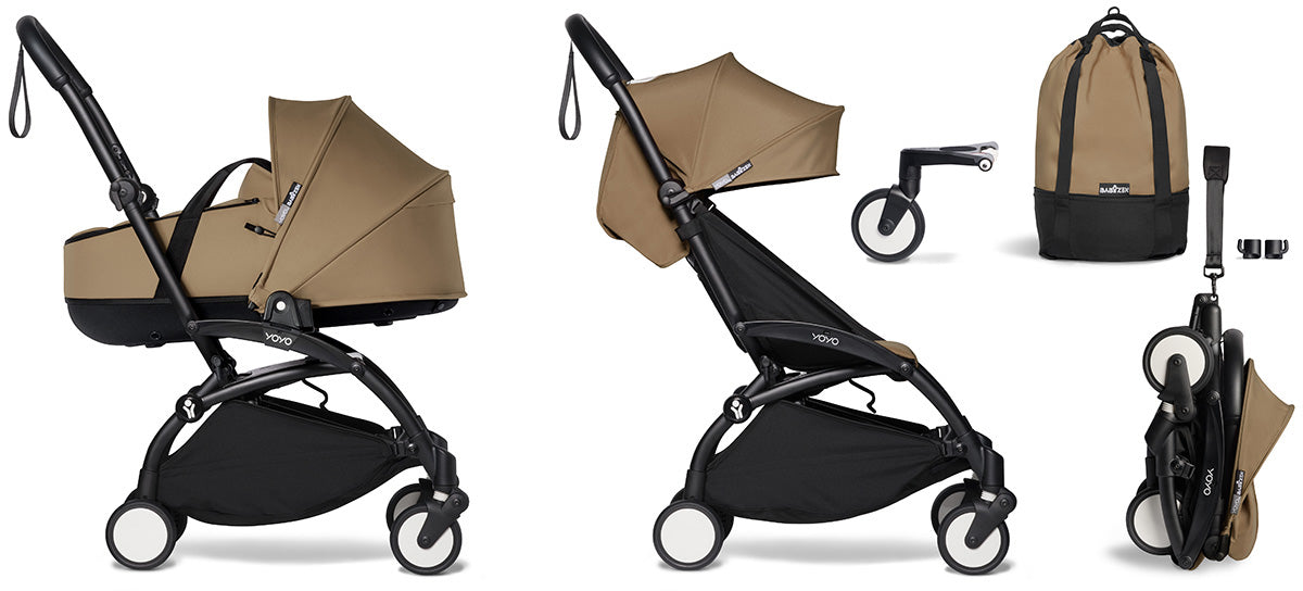 Babyzen YOYO2 Ultra Compact Complete 6+ Stroller with Bassinet & Rolling Bag Bundle - Black/Toffee