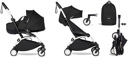 Babyzen YOYO2 Ultra Compact Complete 6+ Stroller with Bassinet & Rolling Bag Bundle - White/Black