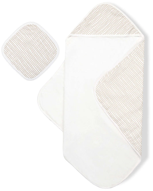 Bamboo Little Hooded Baby Towel & Washcloth Set - Taupe Wave