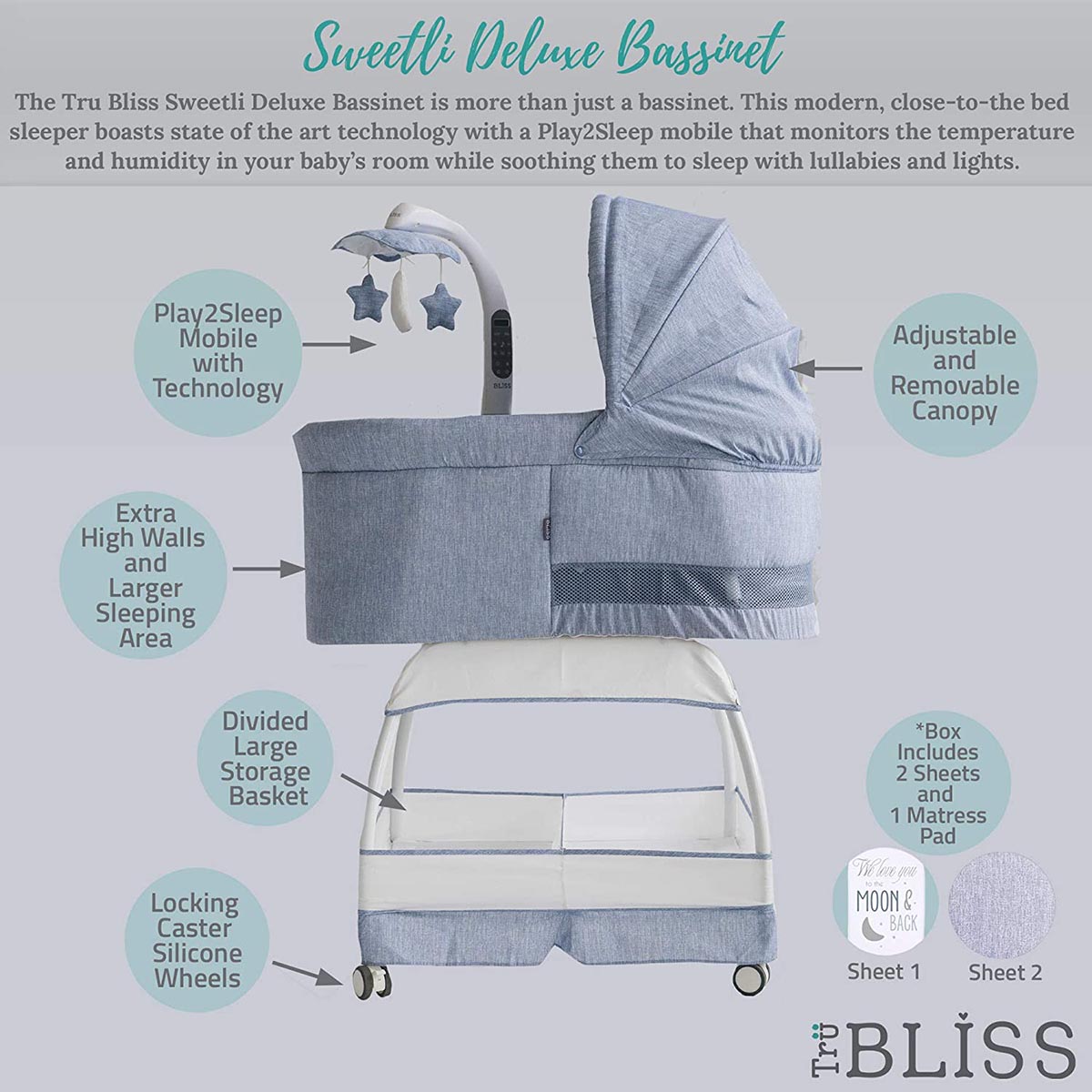 TruBliss Sweetli Deluxe Bassinet - Chambray