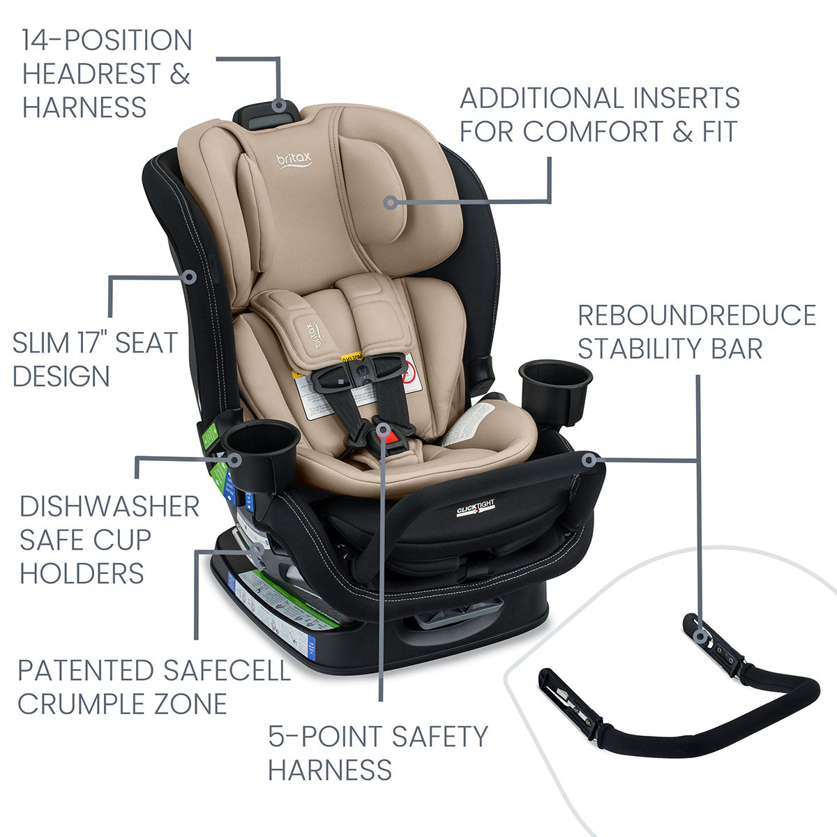 Britax Poplar S Narrow Convertible Car Seat - Sand Onyx