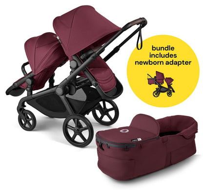 Bugaboo Kangaroo All-Position Newborn Double Stroller Bundle - Black / Dark Cherry / Dark Cherry