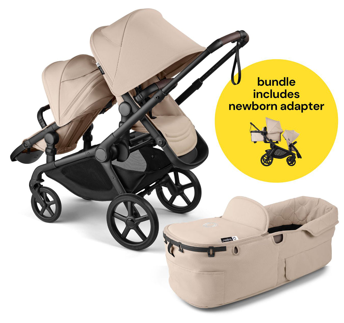 Bugaboo Kangaroo All-Position Newborn Double Stroller Bundle - Black / Desert Taupe / Desert Taupe