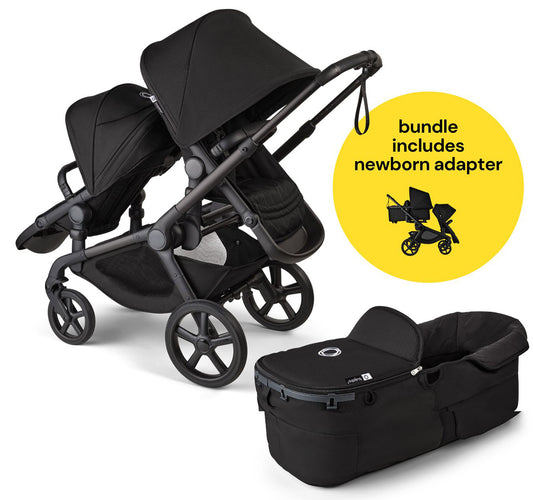 Bugaboo Kangaroo All-Position Newborn Double Stroller Bundle - Black / Midnight Black / Midnight Black