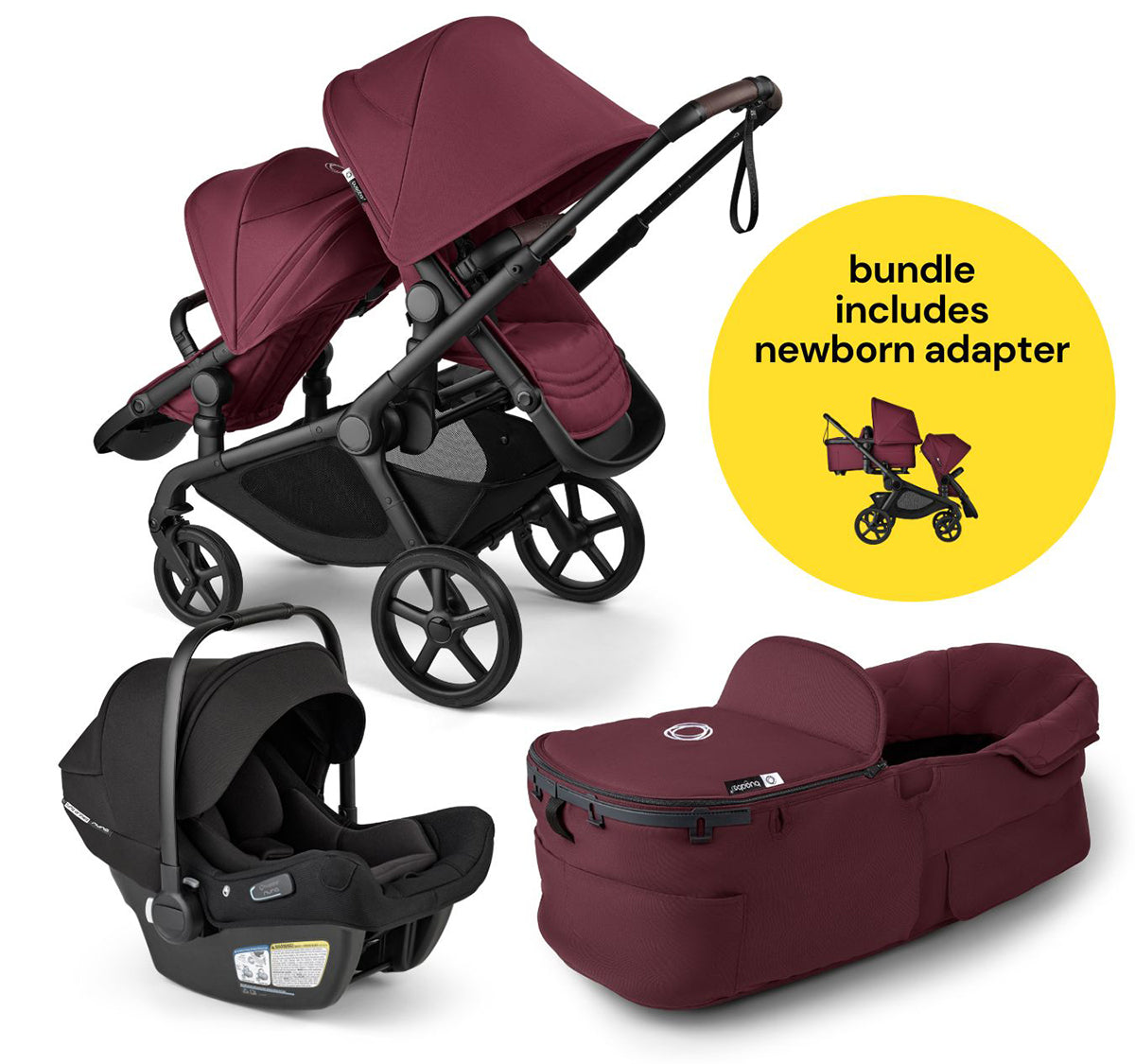 Bugaboo Kangaroo All-Position Newborn Double Stroller + Turtle Air Shield By Nuna Travel System Bundle - Black / Dark Cherry / Dark Cherry / Black