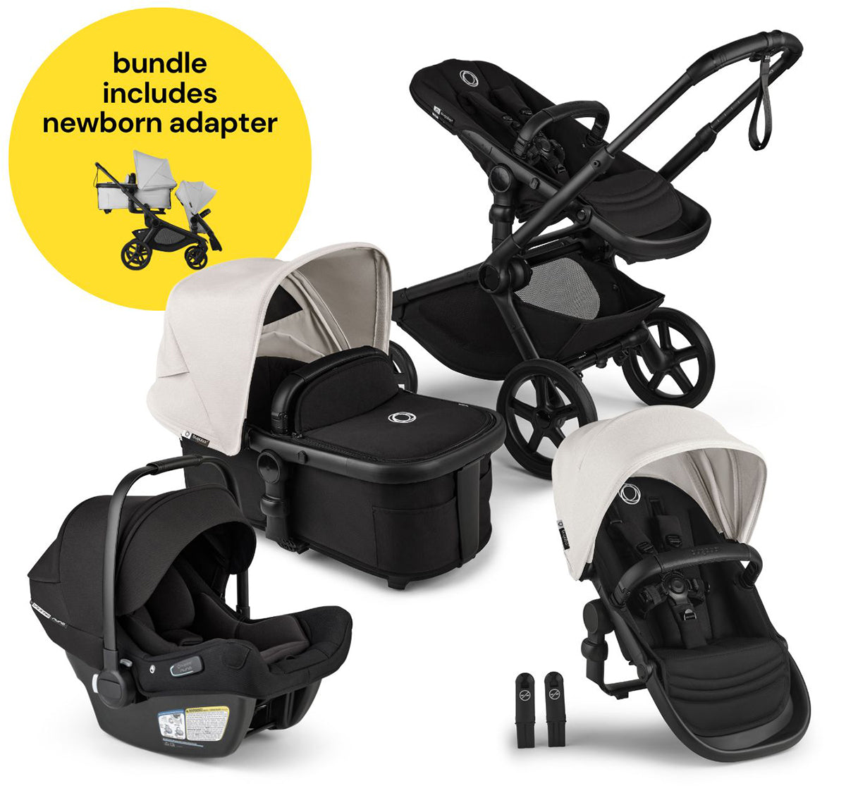 Bugaboo Kangaroo All-Position Newborn Double Stroller + Turtle Air Shield By Nuna Travel System Bundle - Black / Midnight Black / Misty White / Black