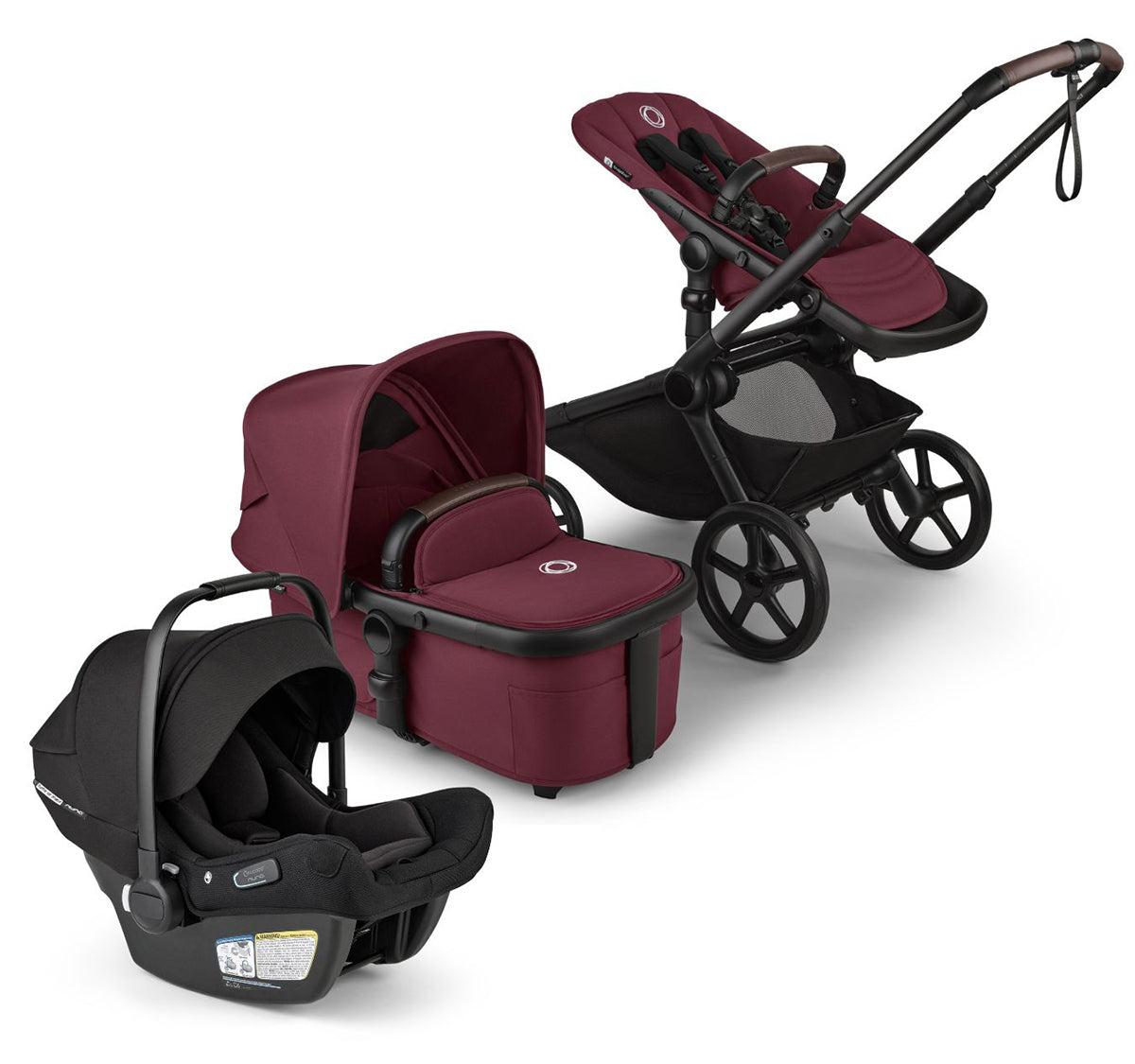 Bugaboo Kangaroo Complete + Turtle Air Shield By Nuna Travel System Bundle - Black / Dark Cherry / Dark Cherry / Black