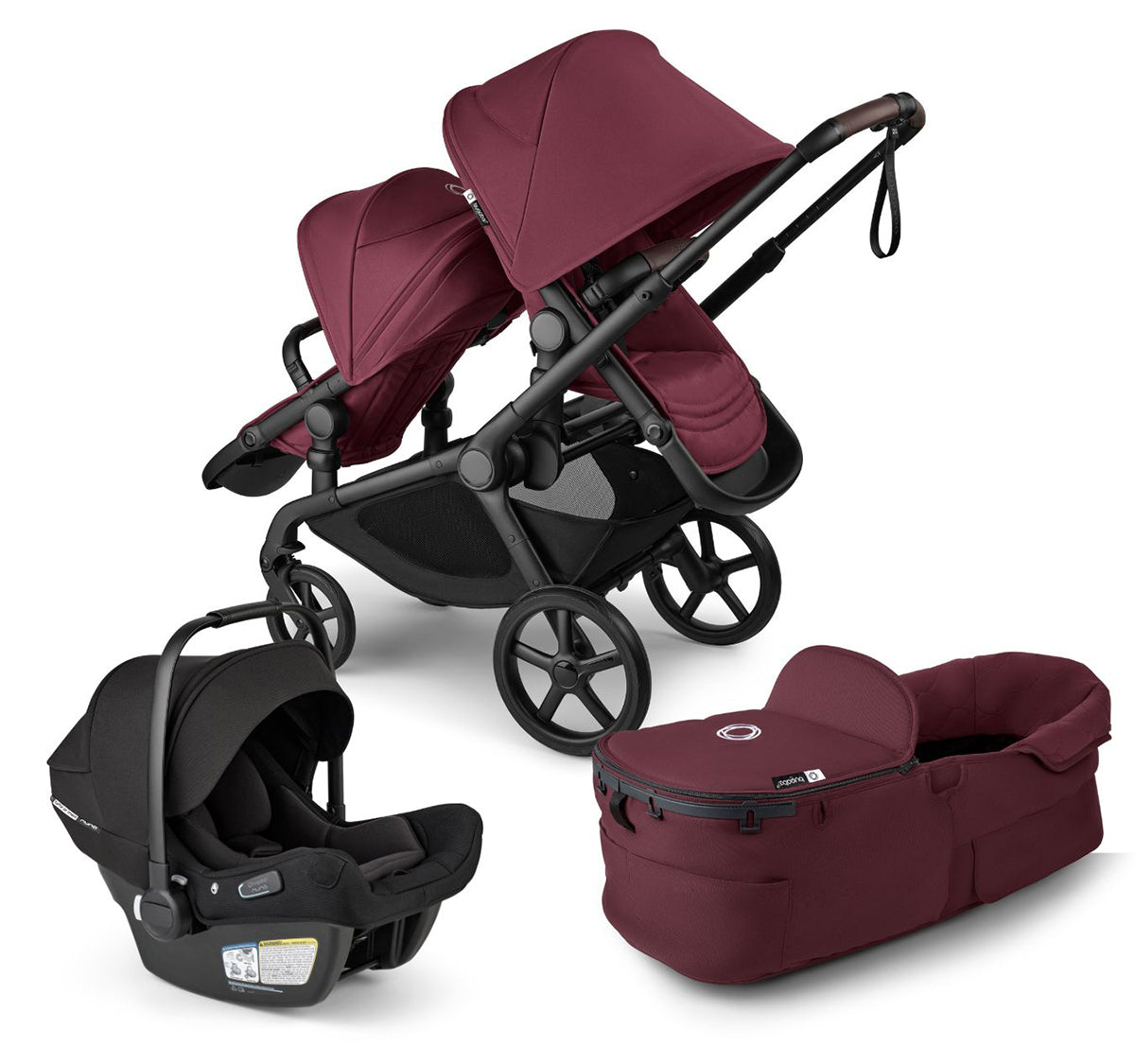 Bugaboo Kangaroo Double Stroller + Turtle Air Shield By Nuna Travel System Bundle - Black / Dark Cherry / Dark Cherry / Black