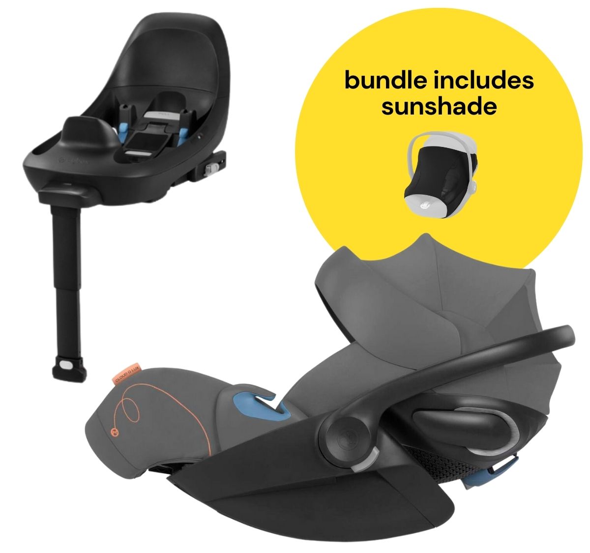 Cybex Cloud G Lux SensorSafe Comfort Extend Reclining Infant Car Seat + Sunshade Bundle - Lava Grey