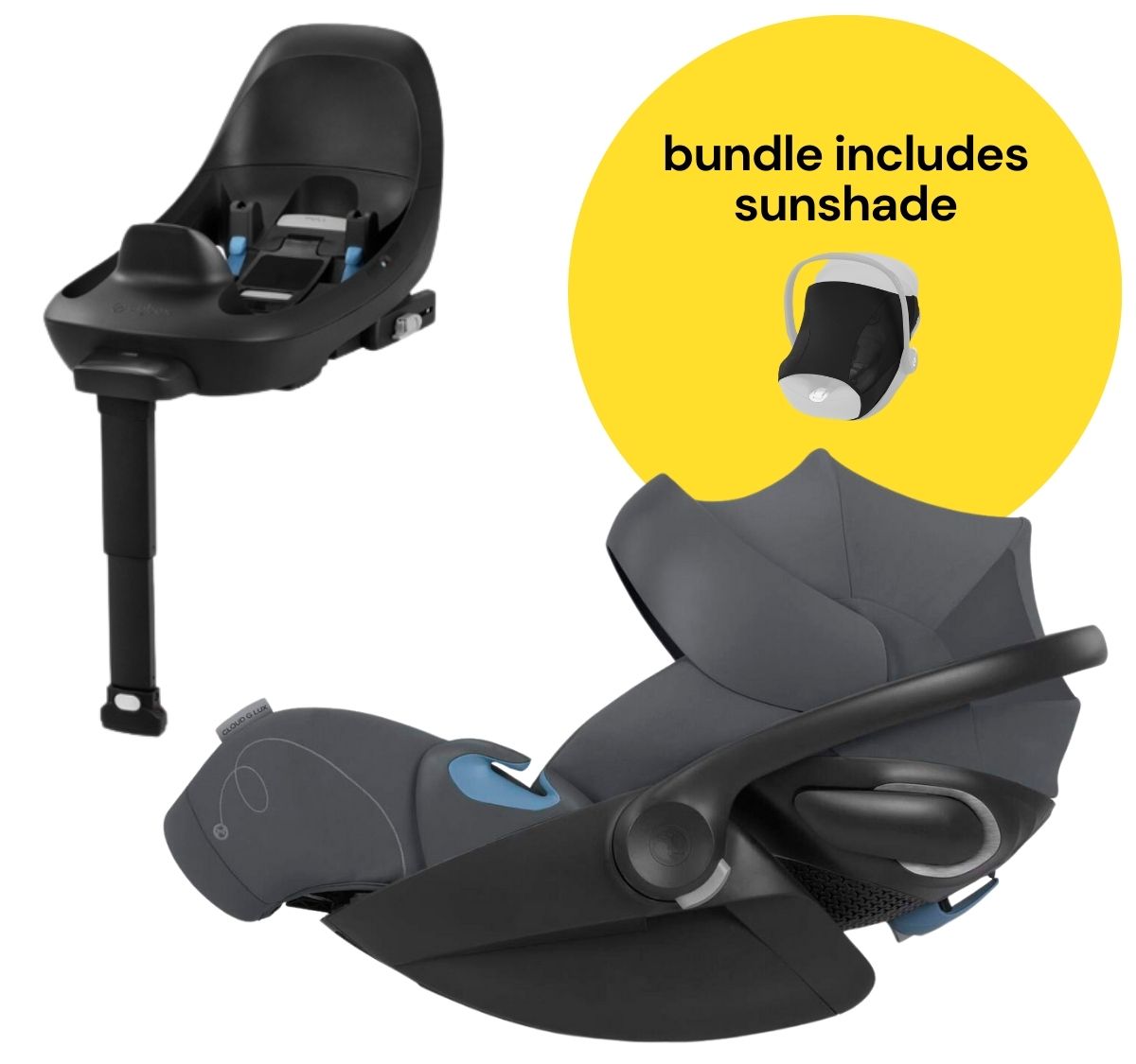 Cybex Cloud G Lux SensorSafe Comfort Extend Reclining Infant Car Seat + Sunshade Bundle - Monument Grey