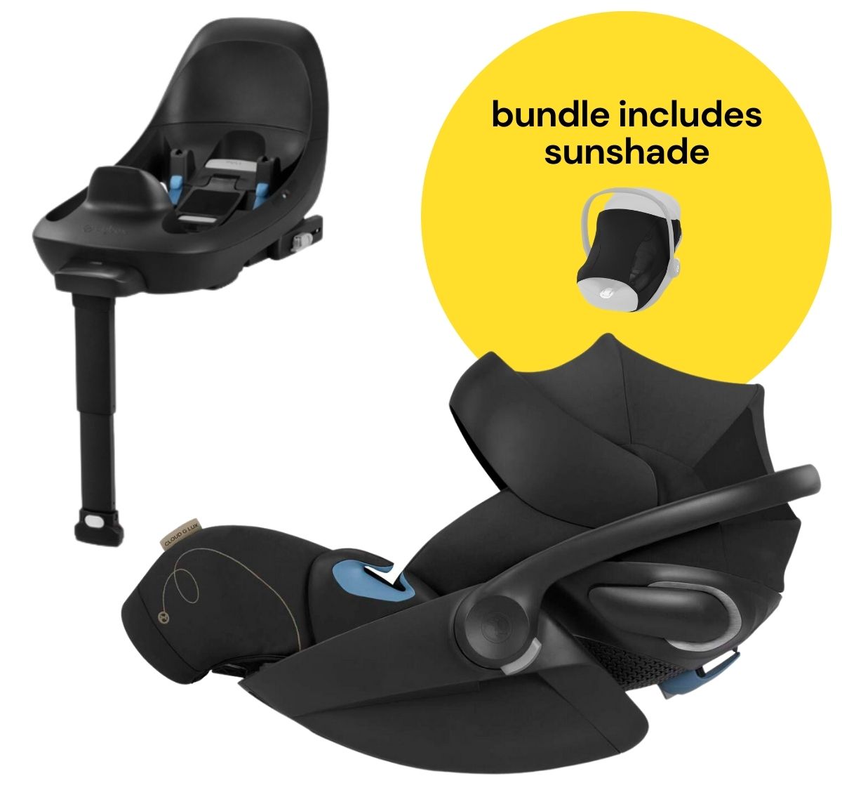 Cybex Cloud G Lux SensorSafe Comfort Extend Reclining Infant Car Seat + Sunshade Bundle - Moon Black