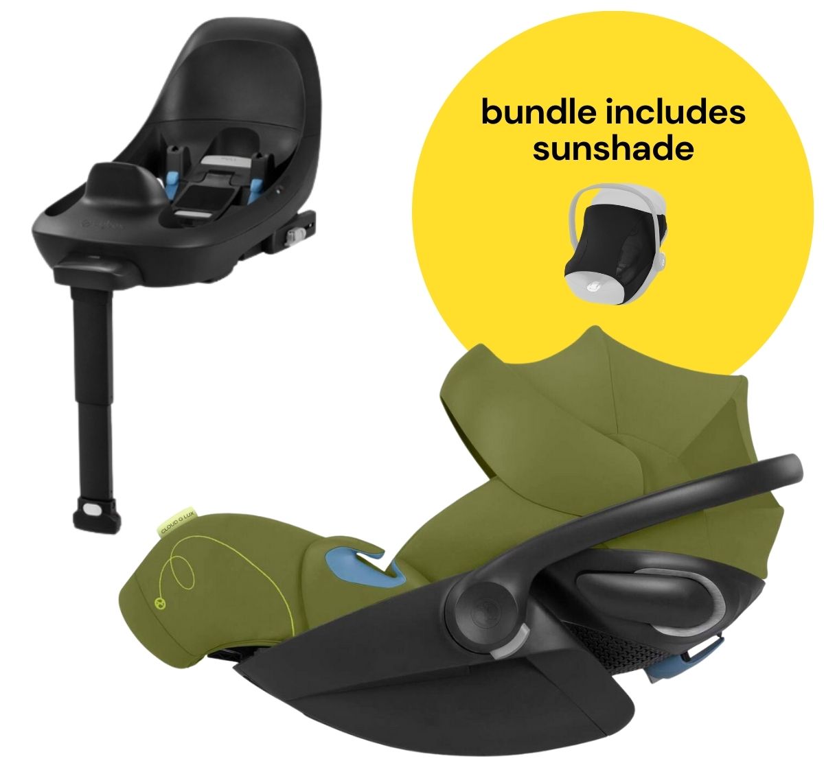 Cybex Cloud G Lux SensorSafe Comfort Extend Reclining Infant Car Seat + Sunshade Bundle - Nature Green