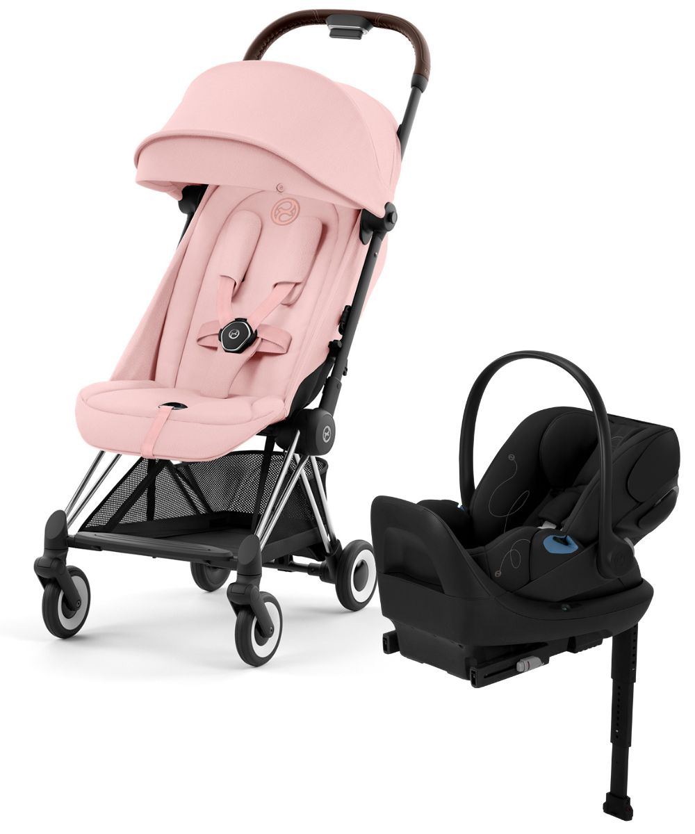 Cybex COYA Compact Stroller + Cloud G Lux SensorSafe Travel System Bundle - Chrome / Peach Pink / Moon Black