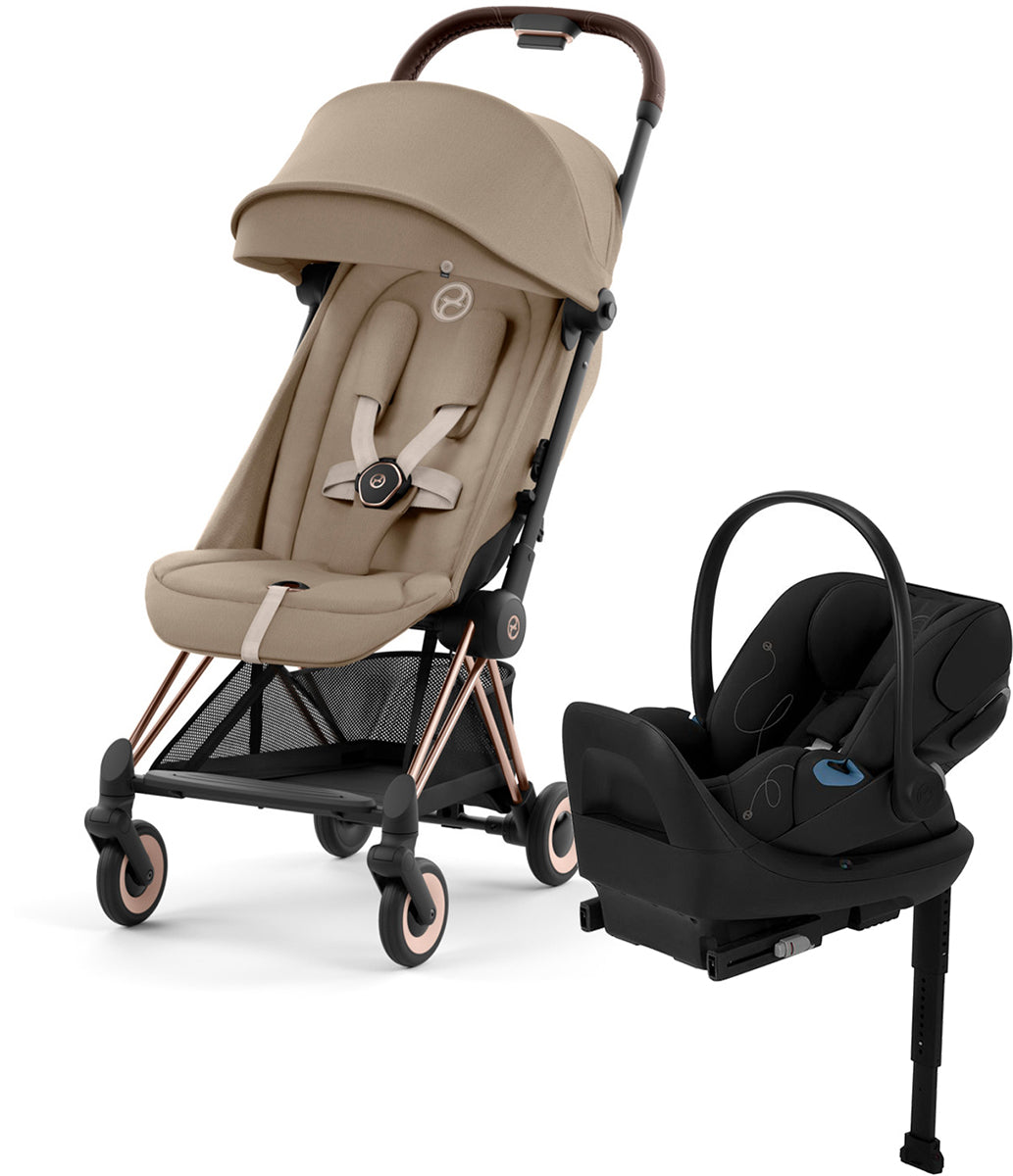 Cybex COYA Compact Stroller + Cloud G Lux SensorSafe Travel System Bundle - Rose Gold / Cozy Beige / Moon Black