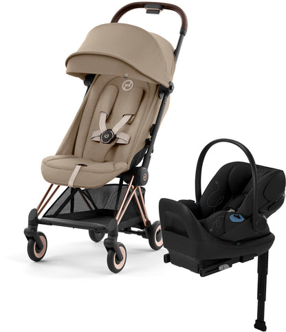 Cybex COYA Compact Stroller + Cloud G Lux SensorSafe Travel System Bundle - Rose Gold / Cozy Beige / Moon Black