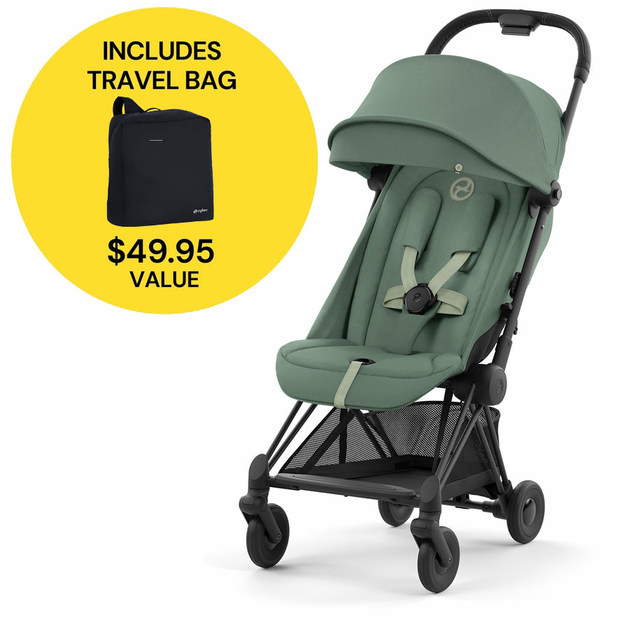 Cybex COYA Compact Stroller + Travel Bag Bundle - Matte Black / Leaf Green