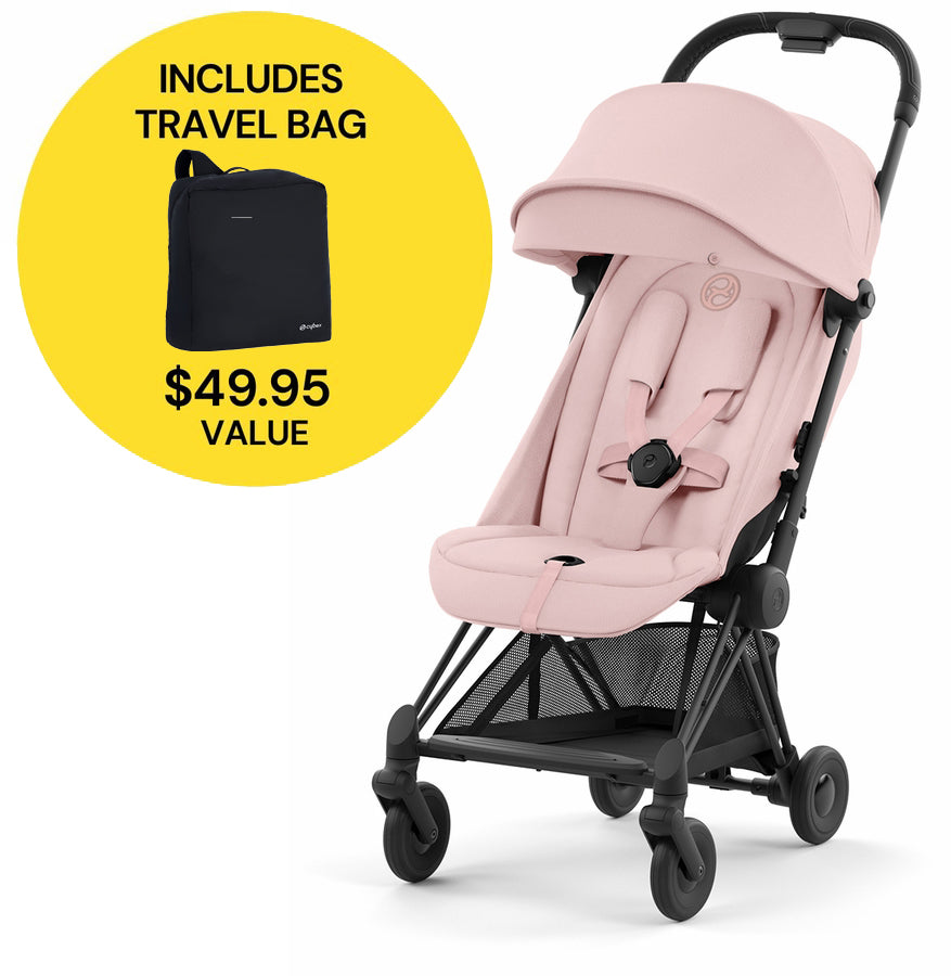 Cybex COYA Compact Stroller + Travel Bag Bundle - Matte Black / Peach Pink