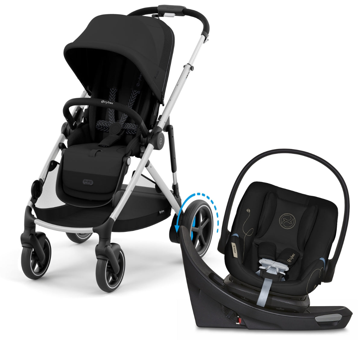 Cybex eGazelle S + Aton G Swivel SensorSafe Travel System Bundle - Silver Frame / Moon Black / Moon Black