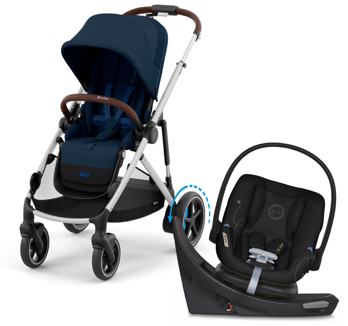 Cybex eGazelle S + Aton G Swivel SensorSafe Travel System Bundle - Silver Frame / Ocean Blue / Moon Black