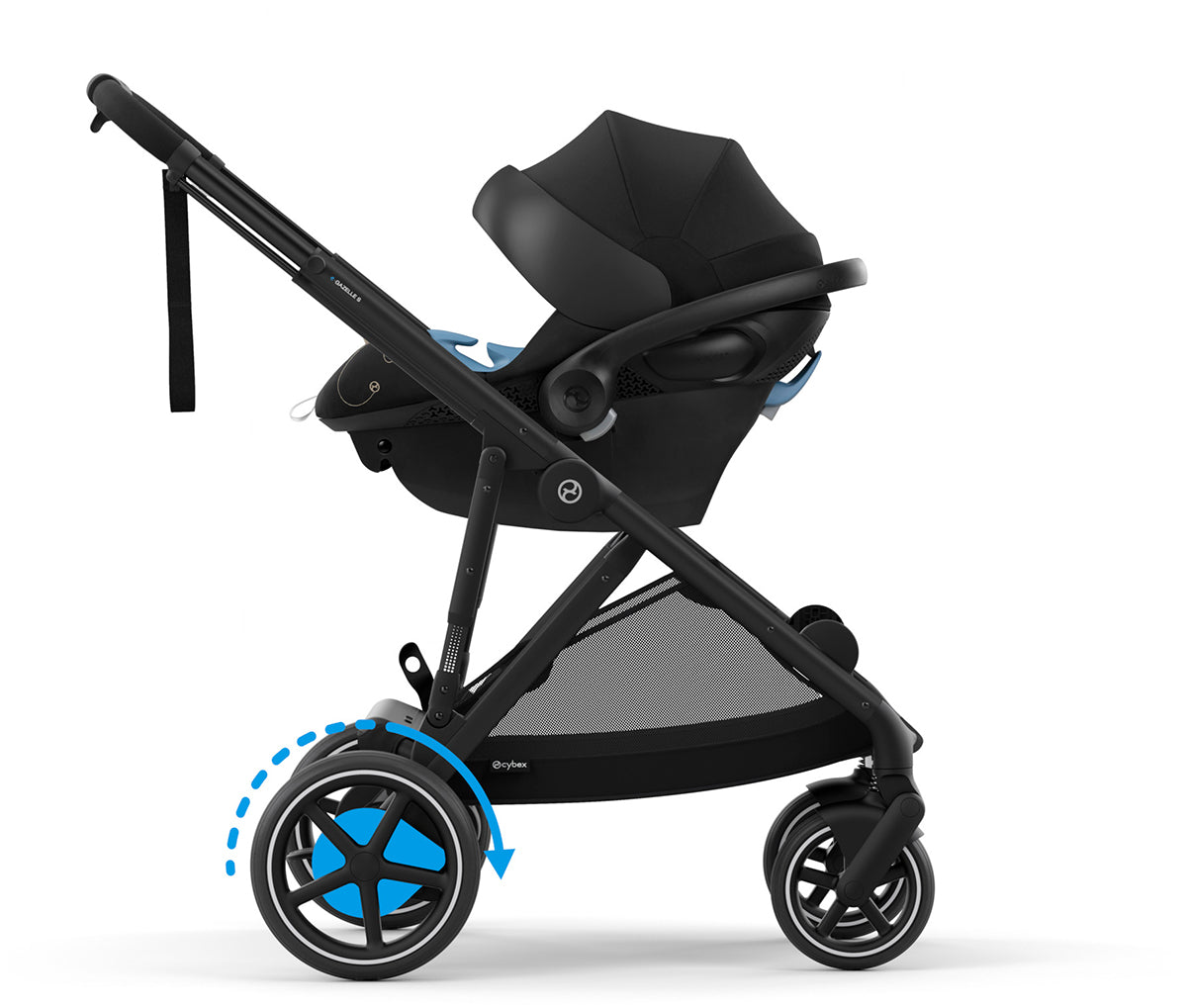 Cybex eGazelle S + Aton G Swivel SensorSafe Travel System Bundle - Silver Frame / Ocean Blue / Moon Black