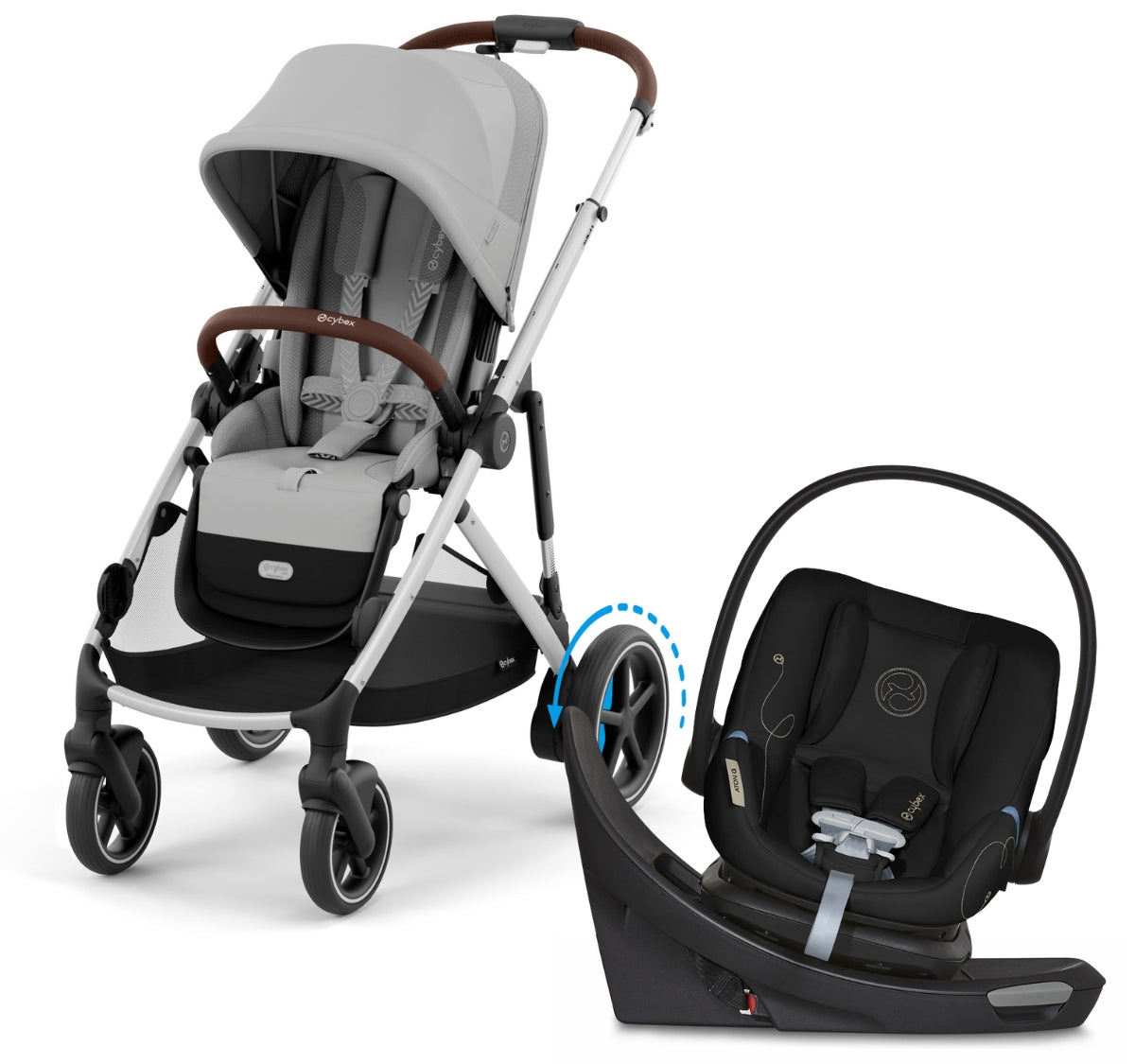 Cybex eGazelle S + Aton G Swivel SensorSafe Travel System Bundle - Silver Frame / Stone Grey / Moon Black