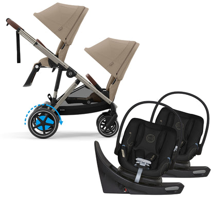 Cybex eGazelle S Double Stroller + Aton G Swivel SensorSafe Twin Travel System Bundle - Taupe Frame / Almond Beige / Moon Black