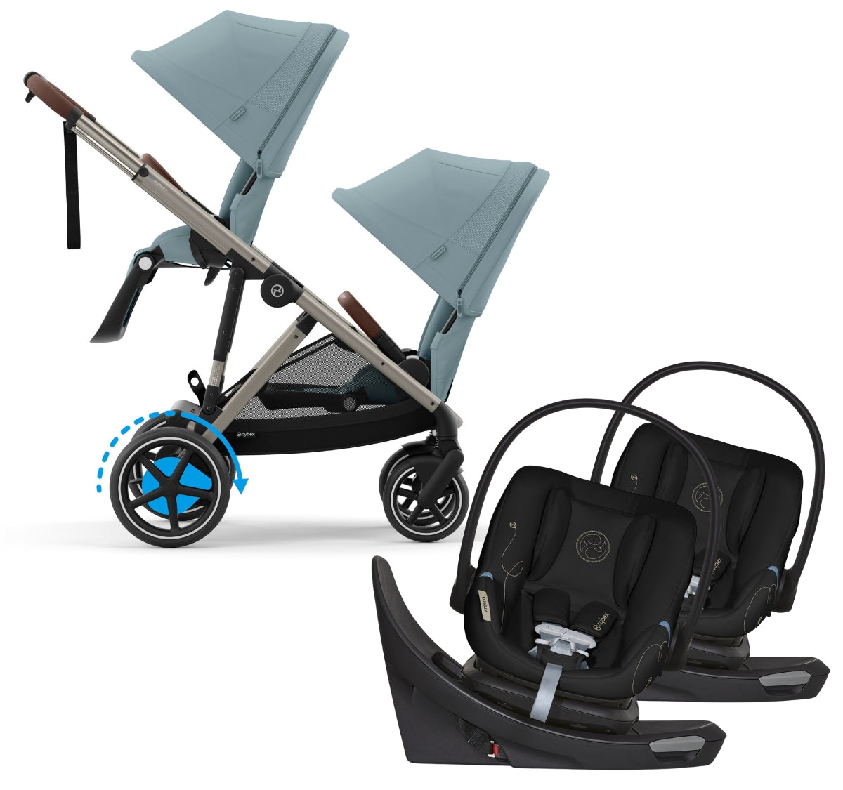 Cybex eGazelle S Double Stroller + Aton G Swivel SensorSafe Twin Travel System Bundle - Taupe Frame / Stormy Blue / Moon Black