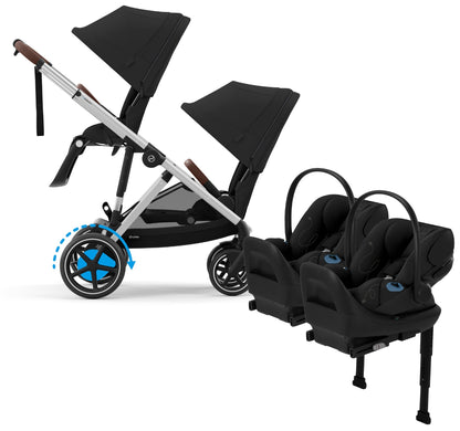 Cybex eGazelle S Double Stroller + Cloud G Lux SensorSafe Twin Travel System Bundle - Silver Frame / Moon Black / Moon Black