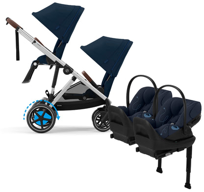 Cybex eGazelle S Double Stroller + Cloud G Lux SensorSafe Twin Travel System Bundle - Silver Frame / Ocean Blue / Ocean Blue