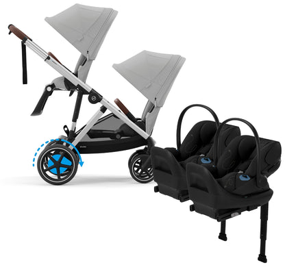 Cybex eGazelle S Double Stroller + Cloud G Lux SensorSafe Twin Travel System Bundle - Silver Frame / Stone Grey / Moon Black