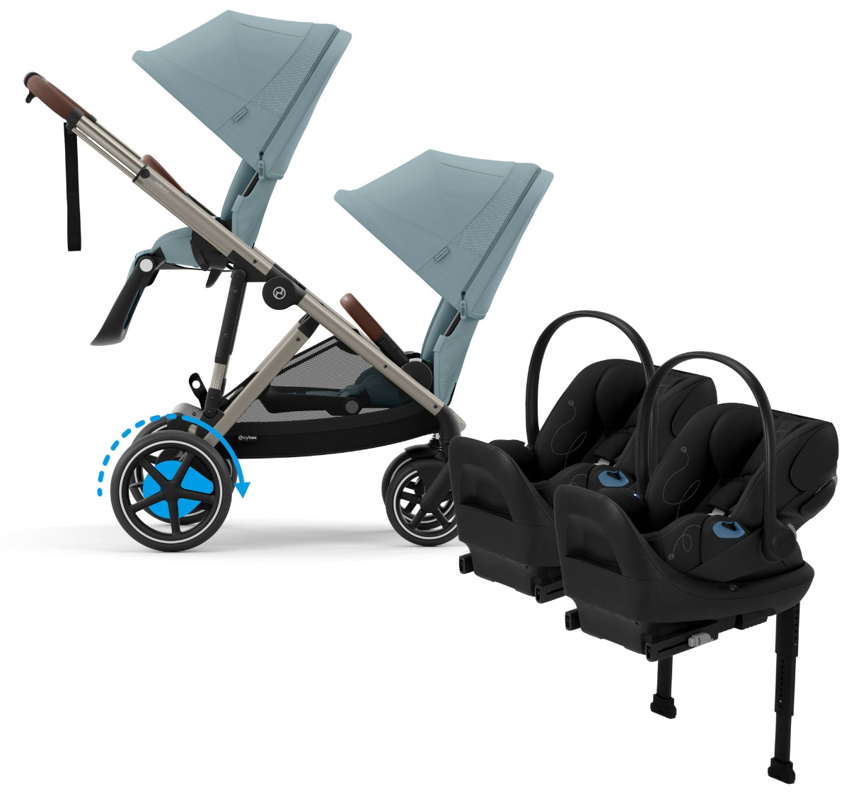 Cybex eGazelle S Double Stroller + Cloud G Lux SensorSafe Twin Travel System Bundle - Taupe Frame / Stormy Blue / Moon Black